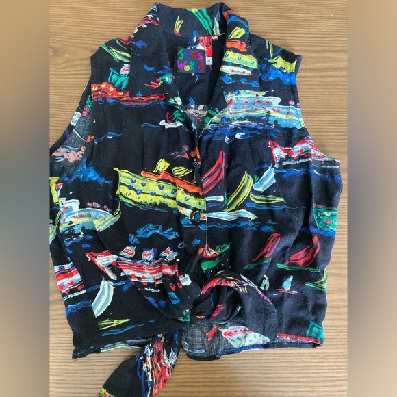 Vintage small tiki boat button up tie up shirt - Picture 5 of 6